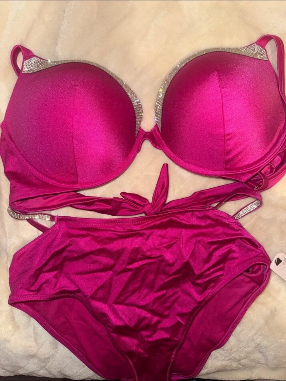 NWT Victoria’s Secret Swim Rhinestone Fuchsia Push-Up Bikini Set of 3 36DD